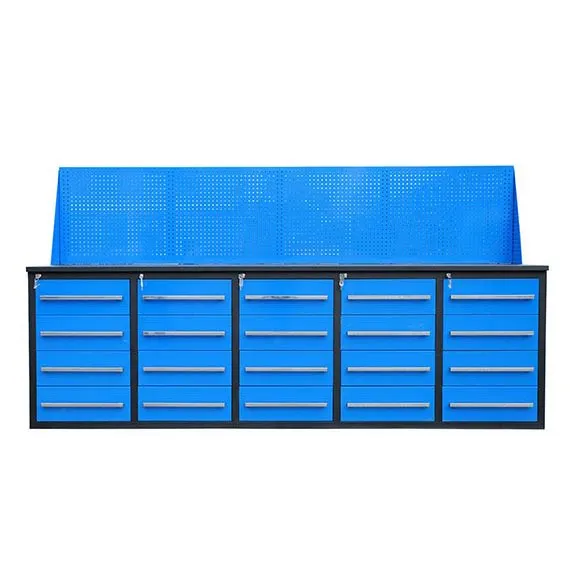 Blauwe metalen garage werkbank